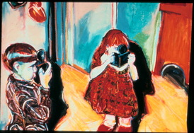image from old photo/ oil sticks on gessoed paper, kids with cameras