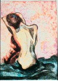 nude figure, drypoint etching over monoprint